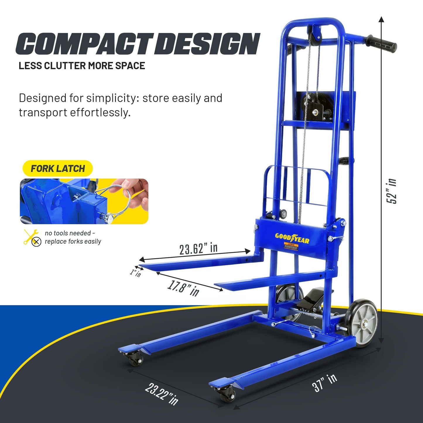 Goodyear Material Lift Winch Stacker, Pallet Truck Dolly, 330 Lbs 40" Max Lift w/ 8" Wheels, Swivel Casters [Patent Pending]