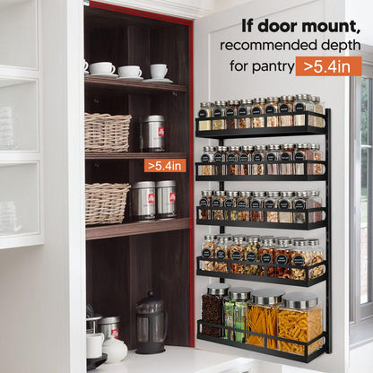 X-cosrack Wall Mount Spice Rack Organizer 5 Tier Height-Adjustable Hanging Spice Shelf Storage for Kitchen Pantry Cabinet, Dual-Use Seasoning Holder Rack with Hooks, Black-Patented