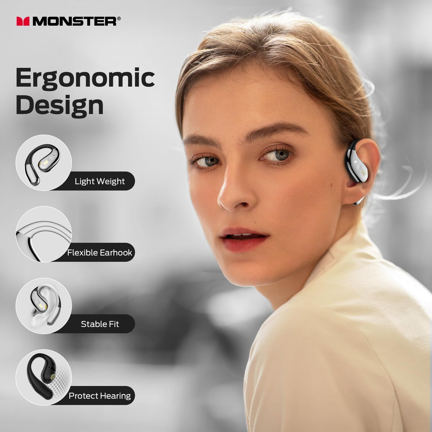Monster Open Ear AC360, Wireless Bluetooth Rotary Earphone, with Lanyard, Upgraded Bluetooth 6.0, Touch Control, 24h Long Battery Life, IPX5 Waterproof,Long-Lasting Wear Without Fatigue
