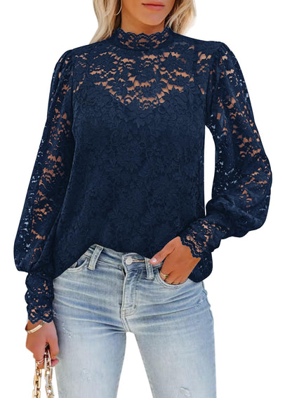 DOROSE Womens Long Sleeve Tops for Work Lace Turtle Neck Blouses Office Navy Blue S
