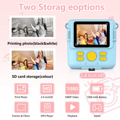 Radekly Instant Print Camera for Kids,Christmas Birthday Gifts for Age 3-12 Girls Boys，1080P HD Digital Video Cameras for Toddler,Kids Portable Toy with 3 Rolls Photo Paper，32GB Card-Blue