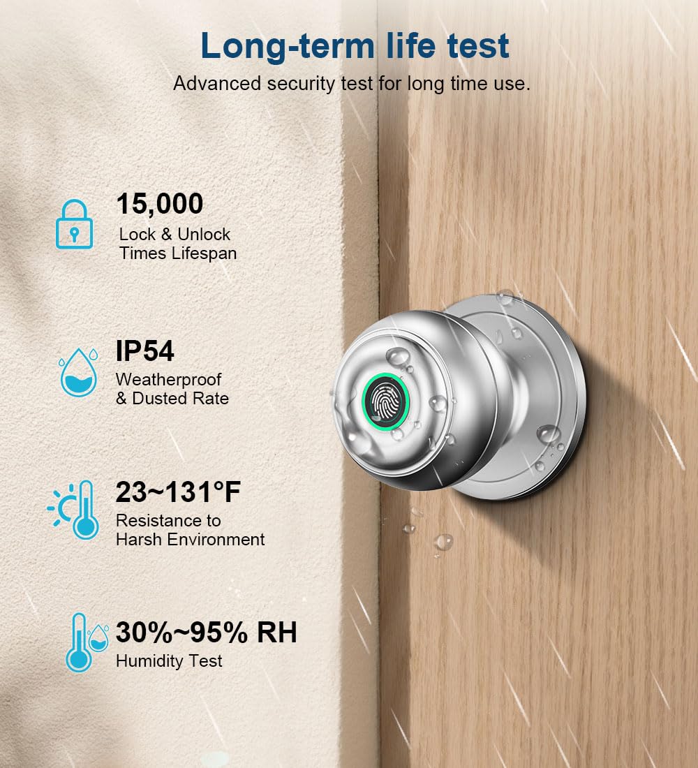 KLLOQUE Fingerprint Door Lock, Smart Fingerprint Door Knob with Lock, Biometric Door Locks with App Control & Key, Keyless Thumbprint Entry Door Locks for Bedroom, Front Door, Home, Apartment-Silver