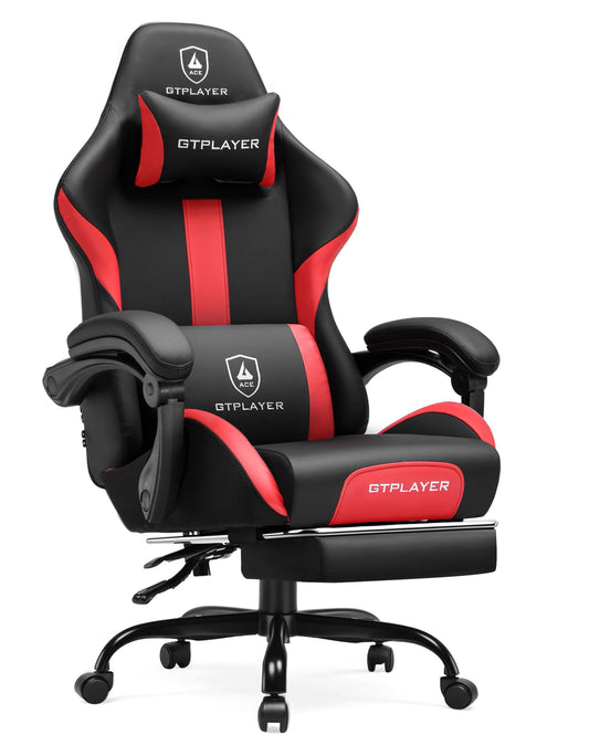 GTRACING Gaming Chair with Foot Rest & Pocket Spring Cushion, Ergonomic High Back Computer Chair with Headrest & 360°-Swivel Seat for Home Office Desk, PU Leather, Red