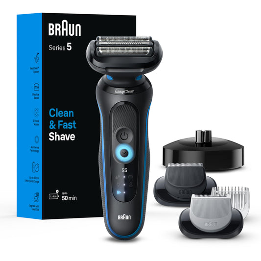 Braun Electric Shaver for Men, Series 5 5150cs, Wet & Dry Razor, Turbo Shaving Mode, Foil Shaver, with Beard Trimmer, Body Groomer and Charging Stand, Blue, Holiday Gifts for Men