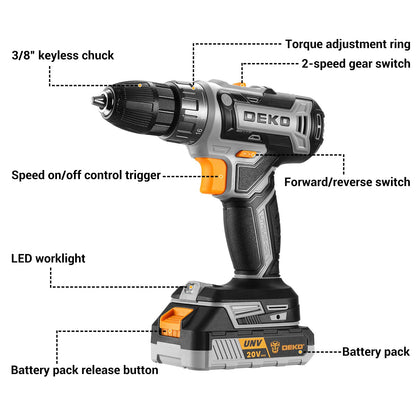 Power Drill Cordless: DEKO PRO Cordless Drill 20V Electric Power Drills Set Tool Drills Cord-less Set with Battery and Charger