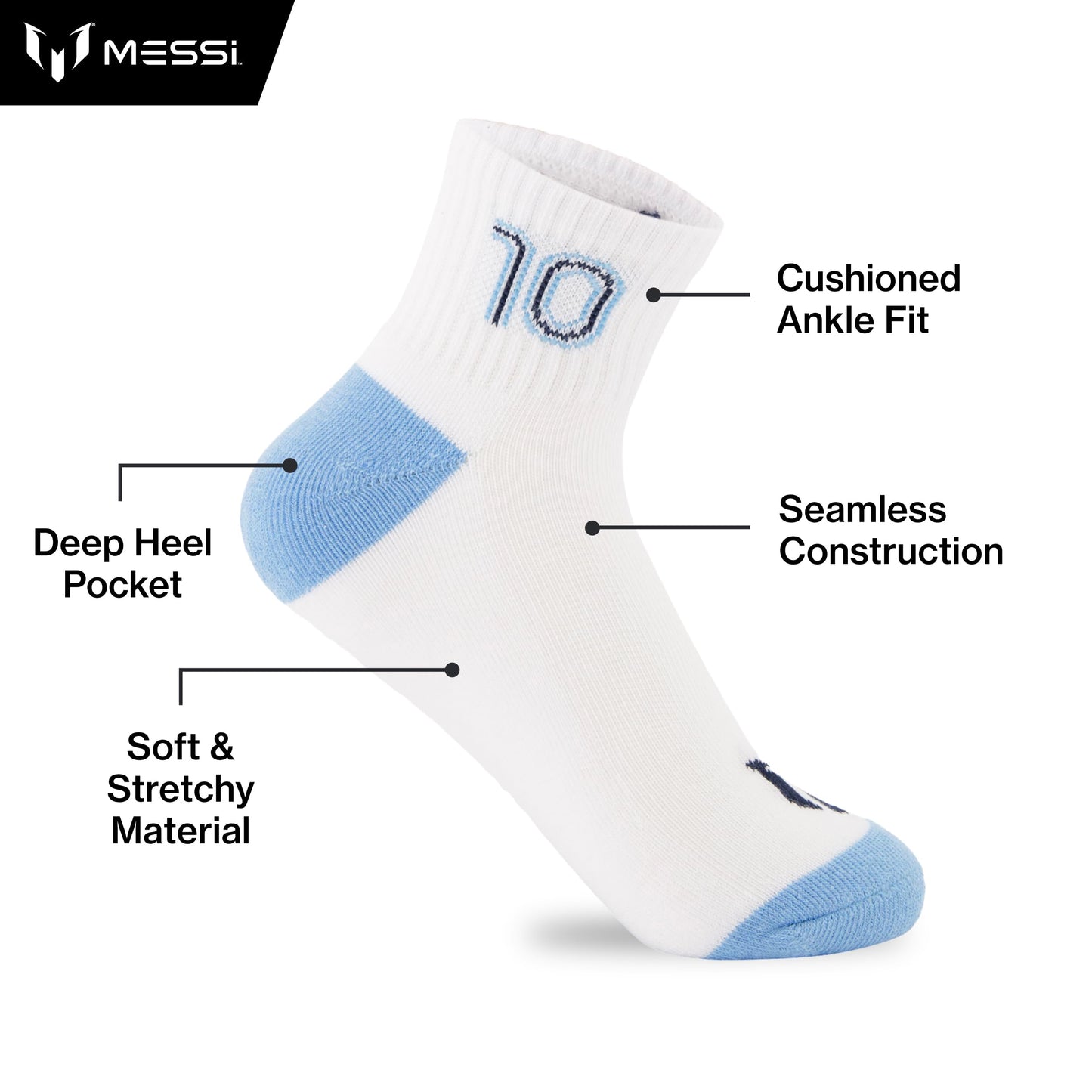 Messi Boys Lifestyle Ankle Socks, 6-Pack Kids Socks, Soft & Stretchy, Comfortable, Blue