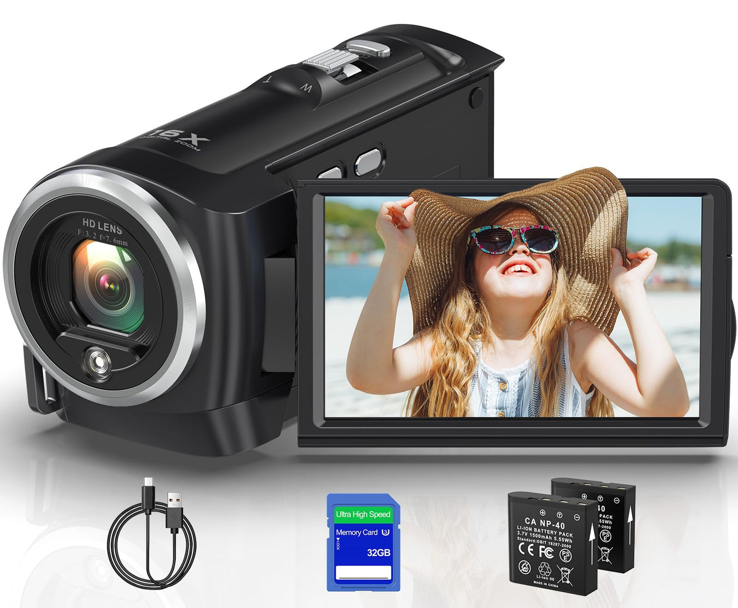 Gcasio 2.7K Video Camera Camcorder QHD 56MP YouTube Vlogging Camera Webcam 16X Digital Zoom with 32G SD Card 270 Degree Rotation Screen Camcorders and 2 Batteries Recording While Charging