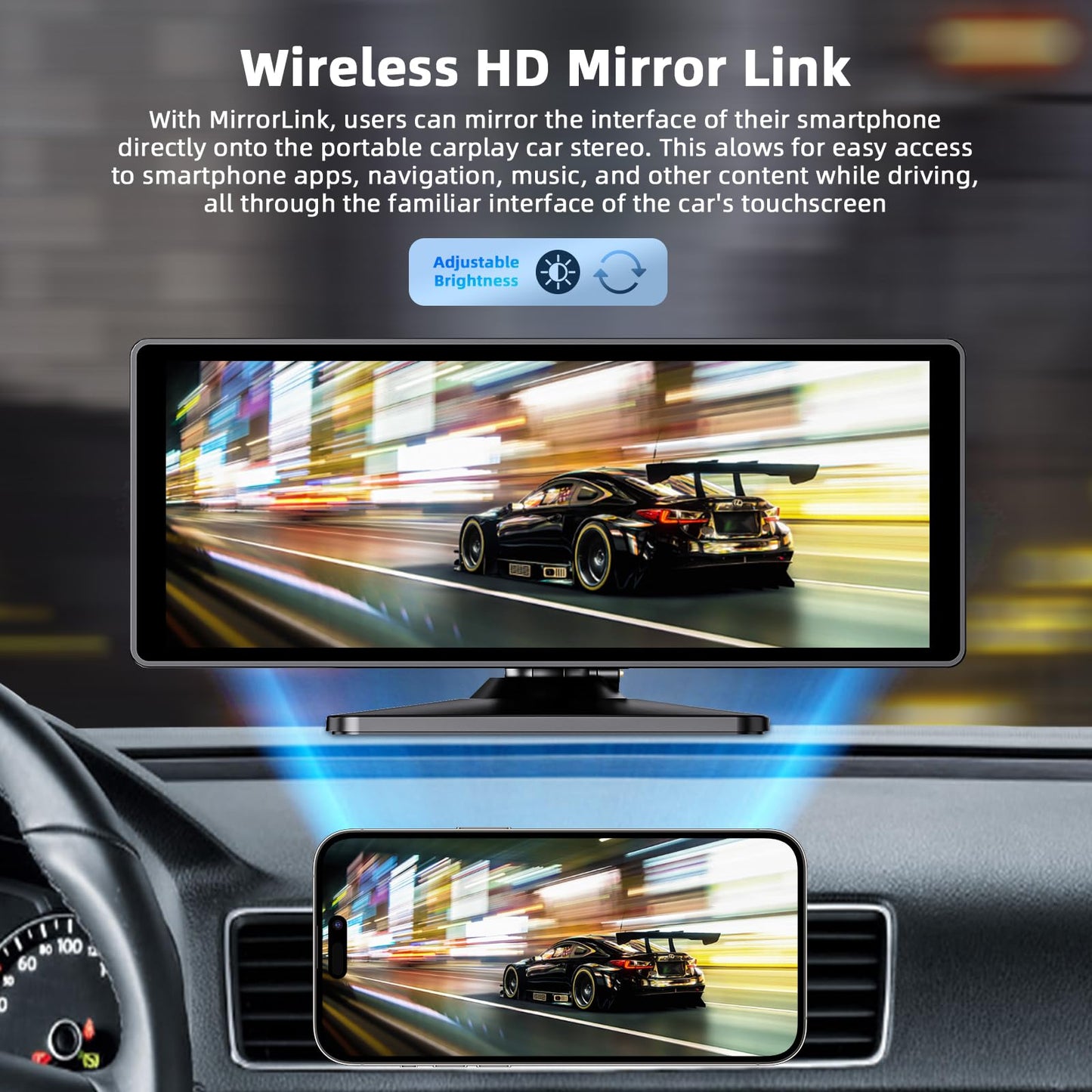 10.26 Inch Carplay Screen for Car, Portable CarPlay Screen with Wireless Carplay & Android Auto, 4K Dash Cam/1080P Backup Camera/GPS Navigation/Mirror Link/Bluetooth, Car Touch Screen with 64GB TF