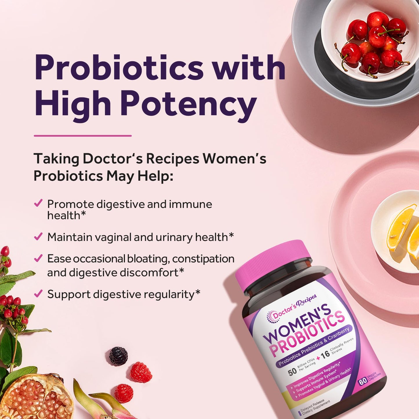 Doctor's Recipes Women’s Probiotic, 60 Caps 50 Billion CFU 16 Strains, with Organic Cranberry, Digestive Immune Vaginal & Urinary Health, Shelf Stable, Delayed Release, No Soy Gluten Dairy