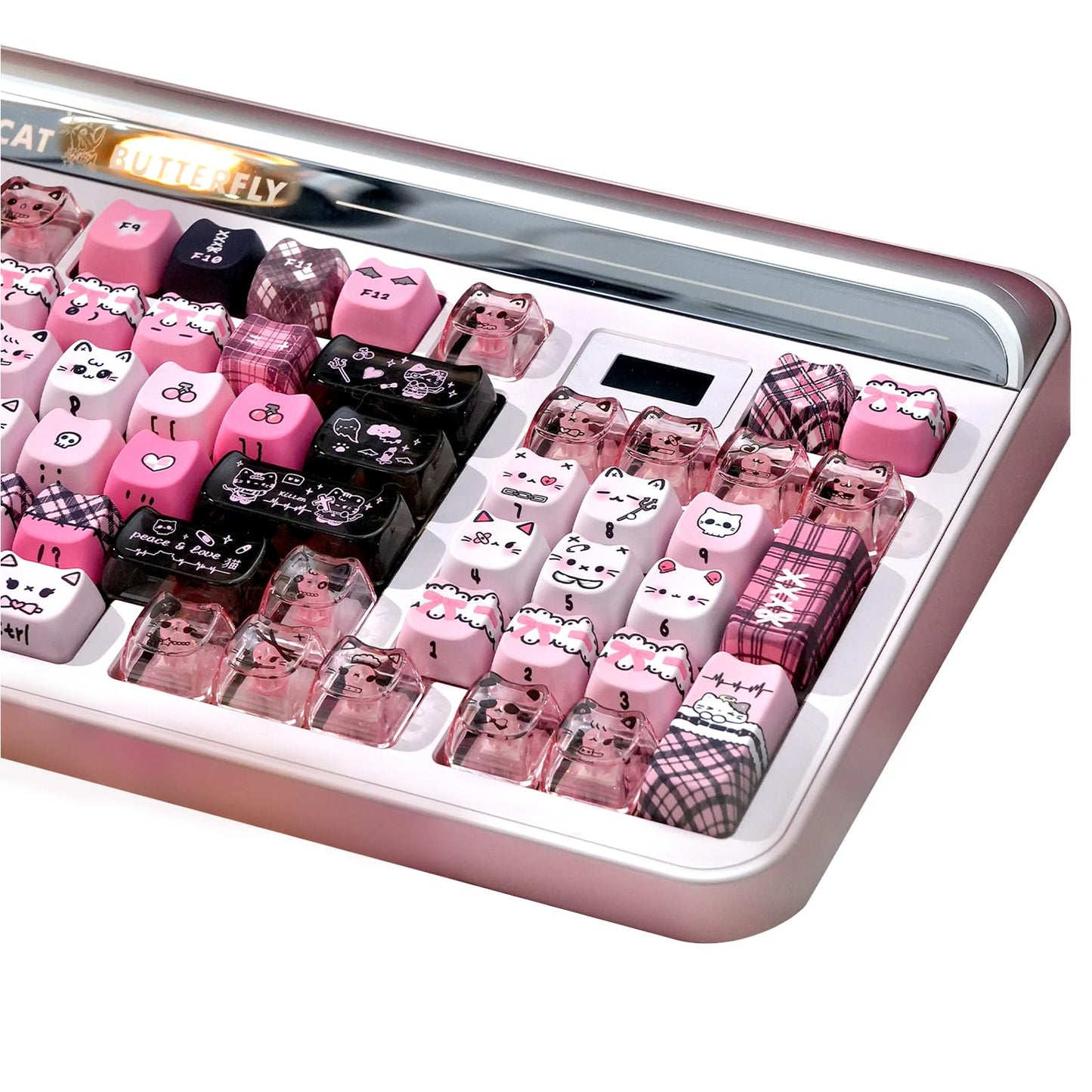 TYRIXKI 26 Keys Crystal Jelly Personalized Keycaps, PC Material Cute Black Pink Cat Transparent Custom Keycaps, Mao Profile Keycap for DIY MX Swithes Mechanical Keyboards