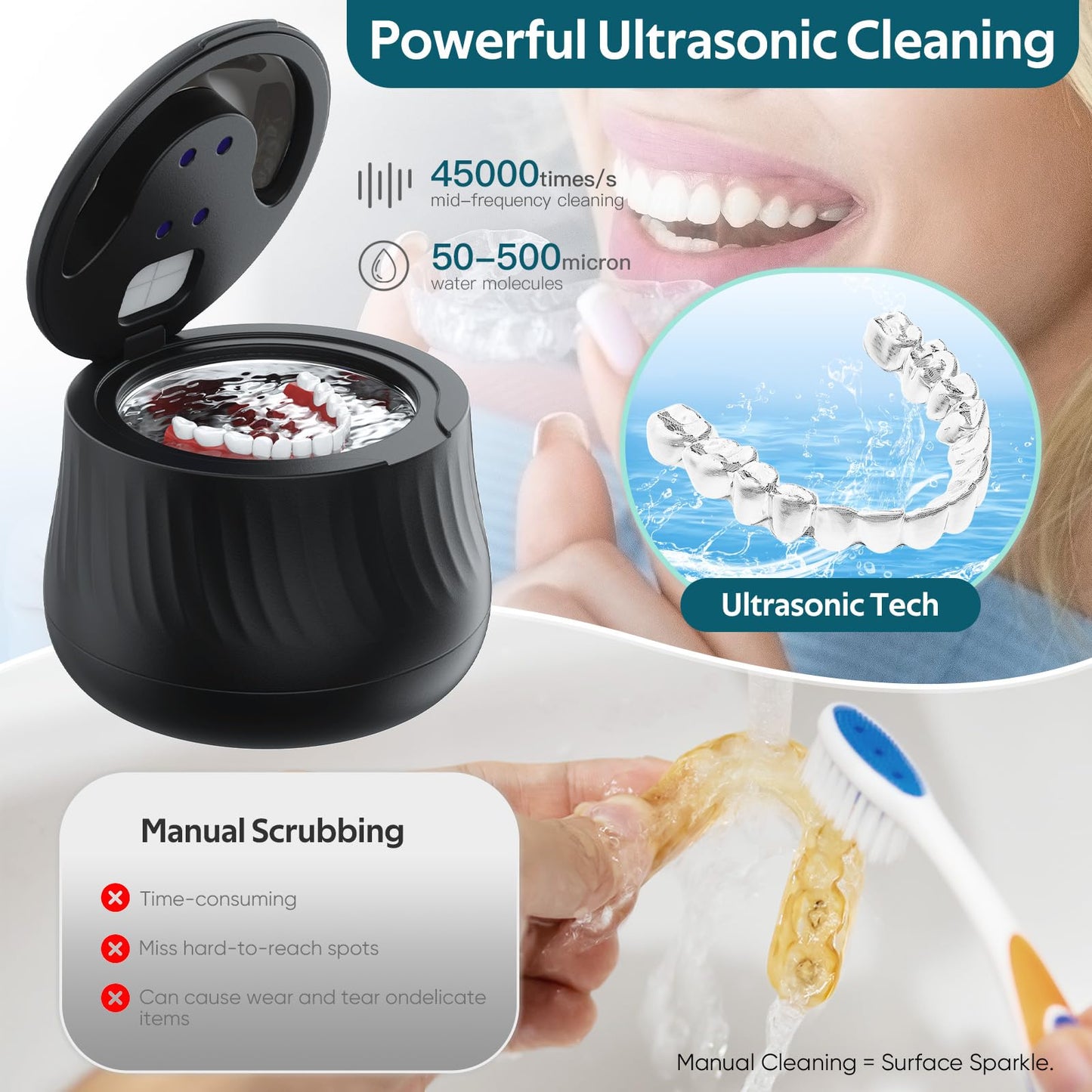 KINTLE Ultrasonic Retainer Cleaner Machine- 45kHz Denture Cleaner, 200ML Dental Cleaning Pod for Aligners, Mouth Night Guards, Toothbrush Heads & Jewelry, 4 Cleaning Modes, Digital Timer, Black