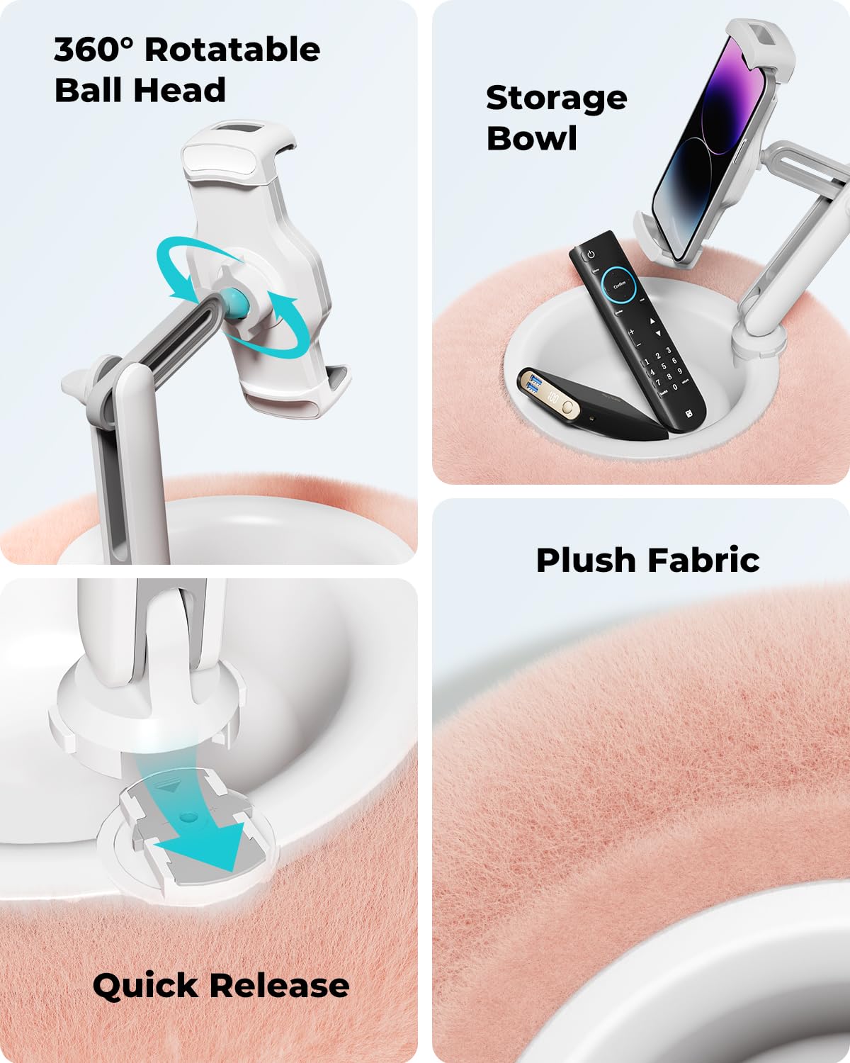 Viozon Tablet Stand Pillow, Compatible with 4.7"-13" Phone/Tablet, iPad, iPhone, Samsung, Google, Kindle, 360°Adjustable Phone Holder for Bed with Soft Plush Fabric, and Detachable Bowl, Pink