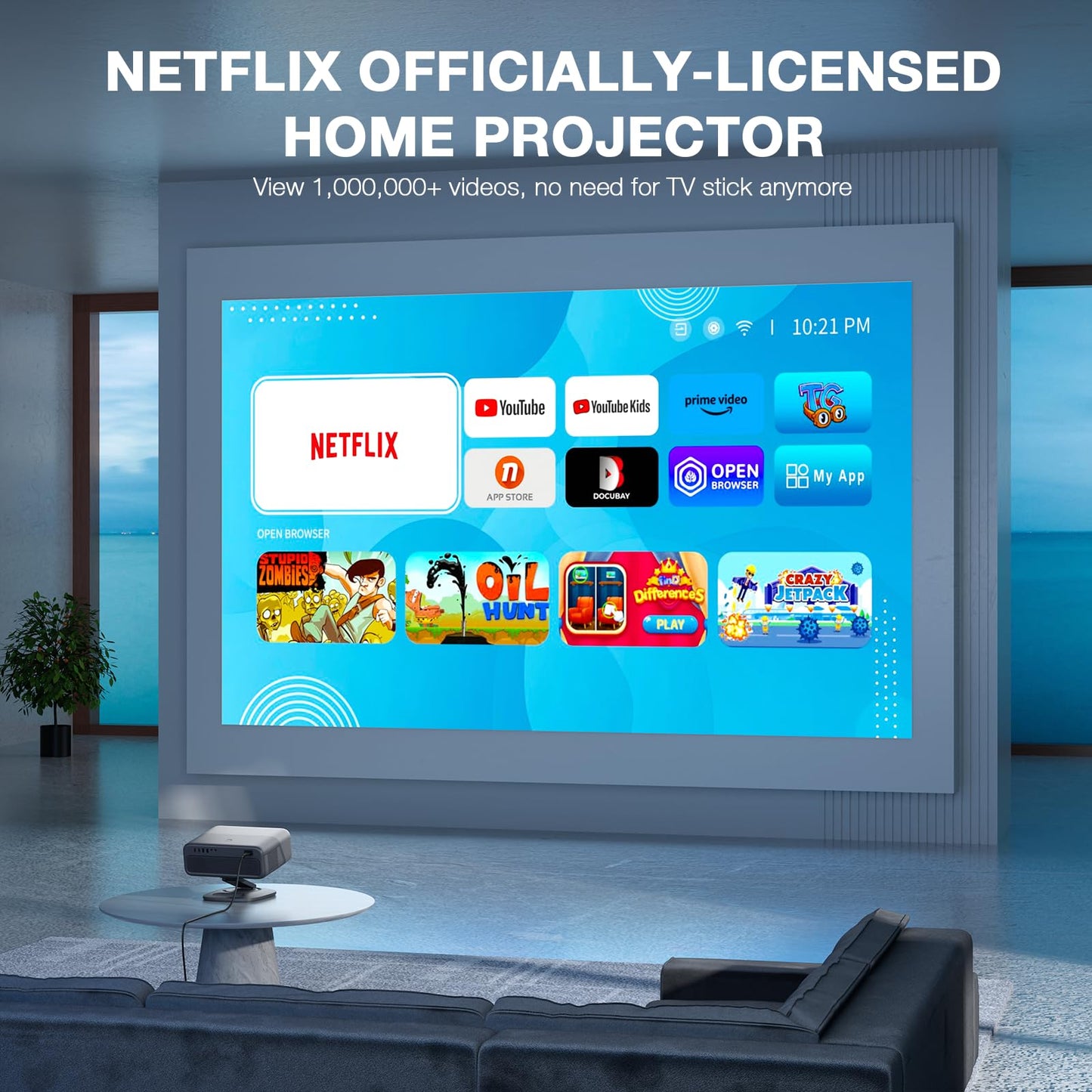 [Netflix Officially&AI Auto Focus]AuKing Smart Projector with Wifi and Bluetooth,Auto Focus&Keystone Projector4K,3D DoIby Audio, 1200ANSI Outdoor Projector with Omnidirectional Rotating Stand(Grey)