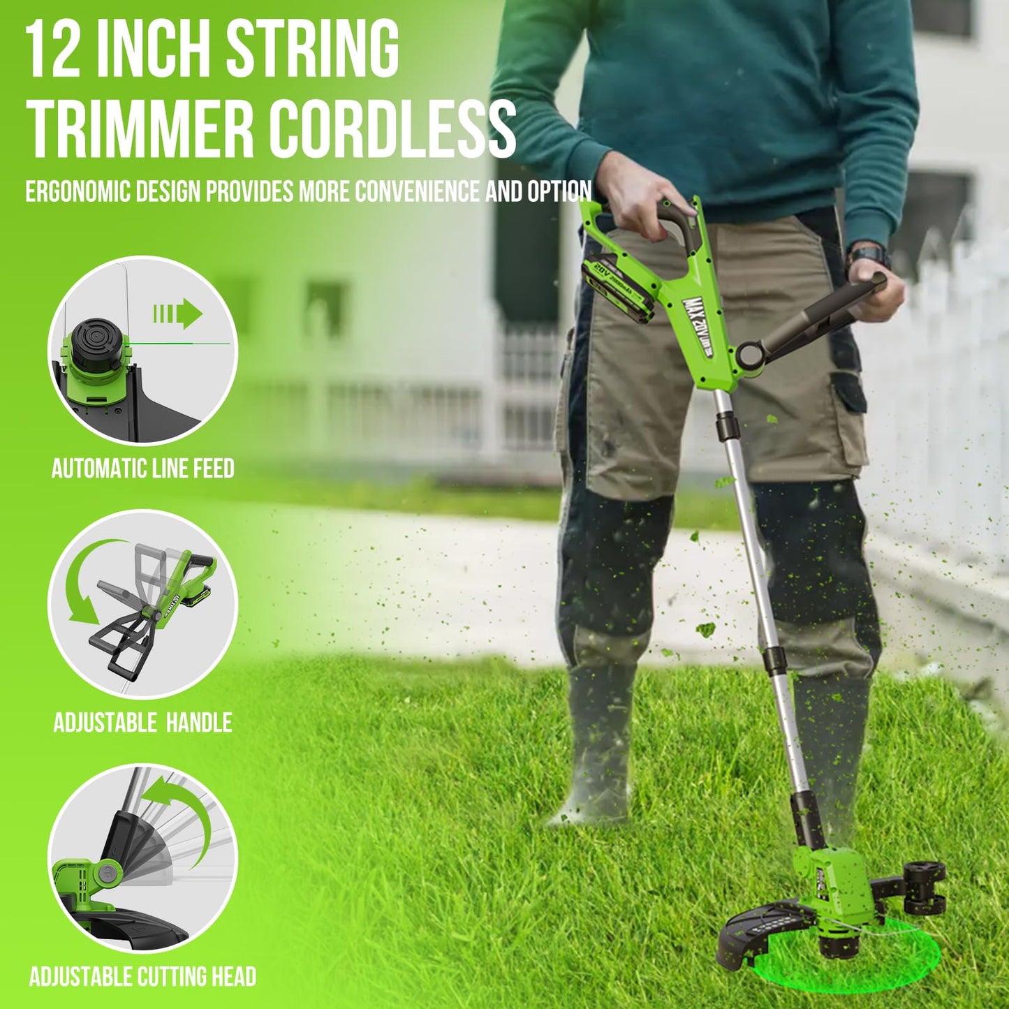 VARSK 20V String Trimmer Cordless, 12 Inch 2 in 1 Trimmer and Edger, Automatic Line Feed, Includes 2 X 2.0Ah Batteries/1 X Fast Charger/6 X Spare Spools, for Lawn, Garden, etc, Green