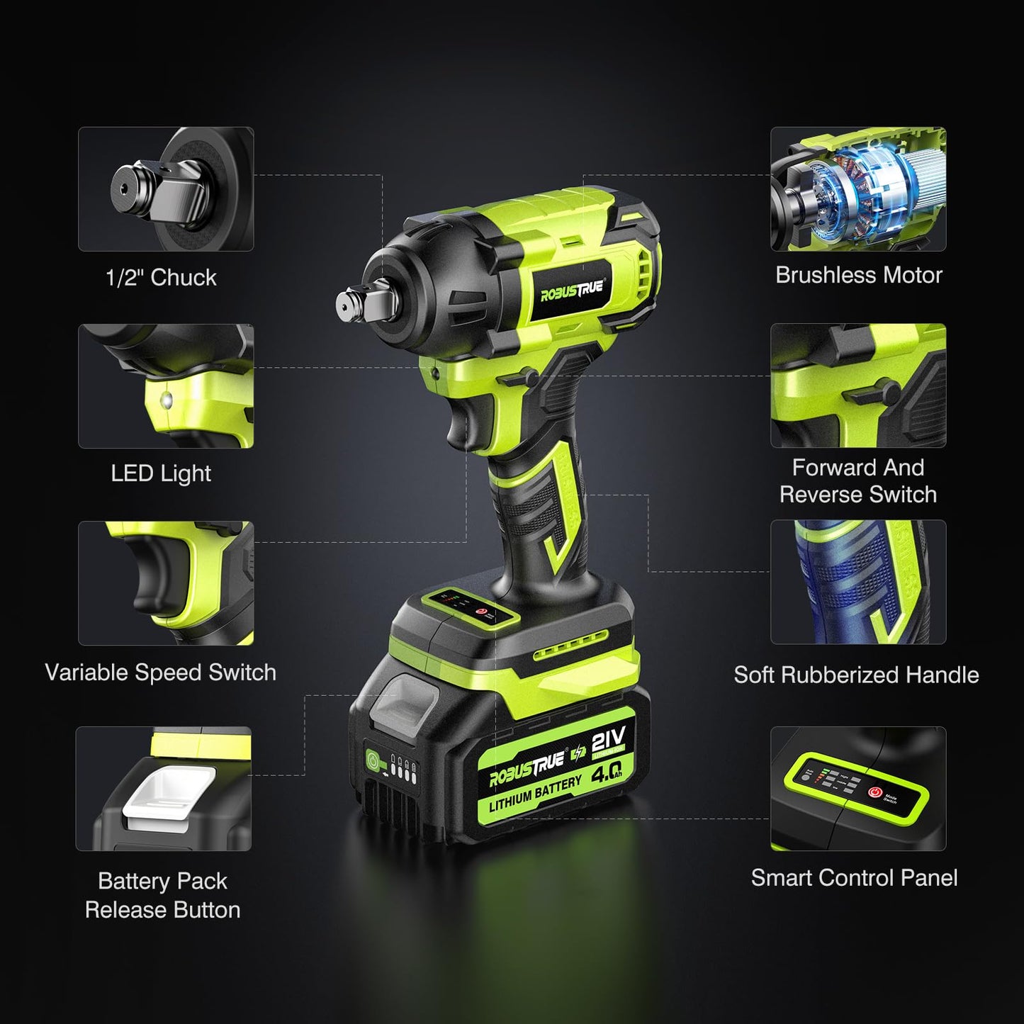 Robustrue Cordless Impact Wrench, 406Ft-lbs (550N.m) Brushless 1/2 inch, 2800RPM High Torque Impact Gun, 2x 4.0Ah Battery, Charger, 4 Sockets, Electric Impact Wrench for Car Home