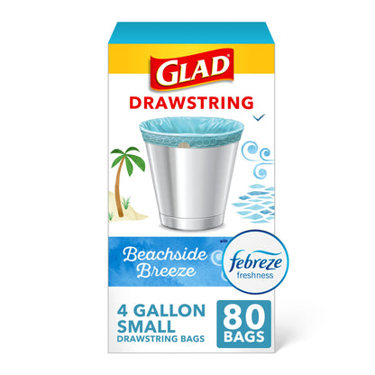 Glad Small Trash Bags 4 Gallon, Febreze Beachside Breeze Garbage Bags, Odor Resistant with Drawstring, 80 Count