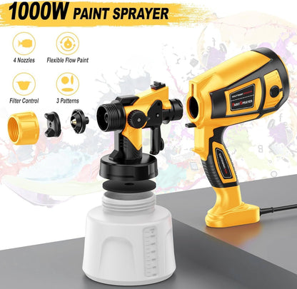 Paint Sprayer 1000W High Power Electric Spray Paint Gun with Adjustable Spray Width Knob,1400ML Container,4 Nozzles & 3 Patterns,Easy to Clean for Furniture Cabinets House Painting Yellow