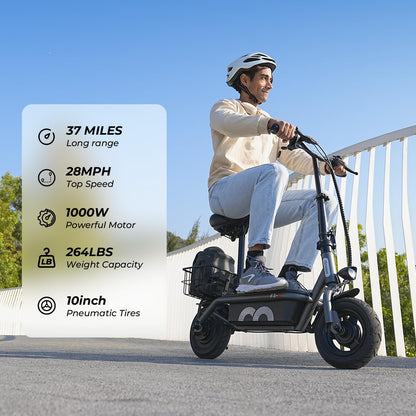 iScooter F3 Electric Scooter with Seat, 28 MPH Top Speed & 37 Miles Range, 1000W Powerful Motor, 10'' Pneumatic Tire Scooter for Adults, Adjustable Seat & Handlebar E Scooter for Adults with Seat