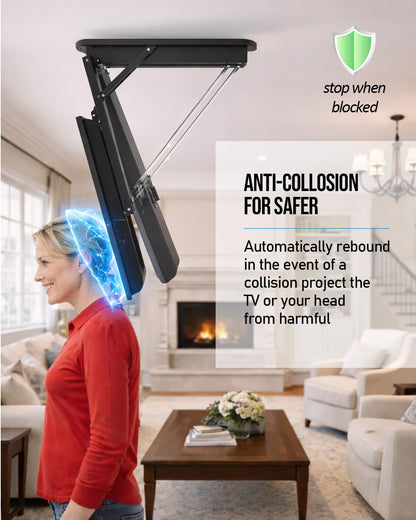 Electric Ceiling TV Mount with Remote - Motorized Ceiling TV Mount for Flat and Pitched Roof, 32 to 70 Inch Flat and Curved Screen TVs (Black)