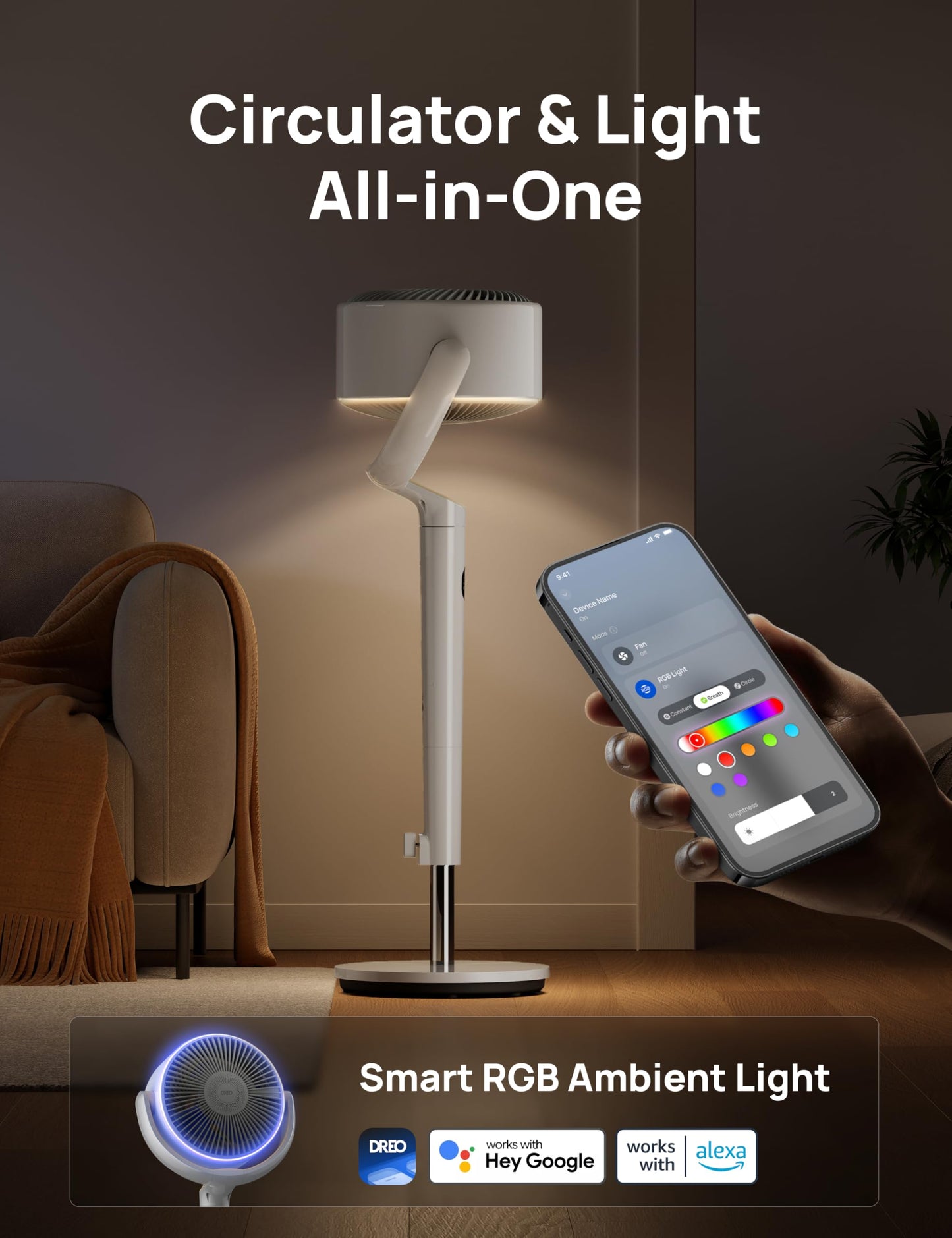 Dreo Smart Fan for Bedroom, 120° +120° Omni-Directional Oscillating Fans, 90ft Quiet Pedestal Fan with RGB Light, 9 Speeds, 6 Modes, 20dB, 8H Timer, Wi-Fi/Voice/Alexa, 37-42" Floor Fans with Remote