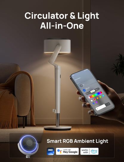 Dreo Smart Fan for Bedroom, 120° +120° Omni-Directional Oscillating Fans, 90ft Quiet Pedestal Fan with RGB Light, 9 Speeds, 6 Modes, 20dB, 8H Timer, Wi-Fi/Voice/Alexa, 37-42" Floor Fans with Remote
