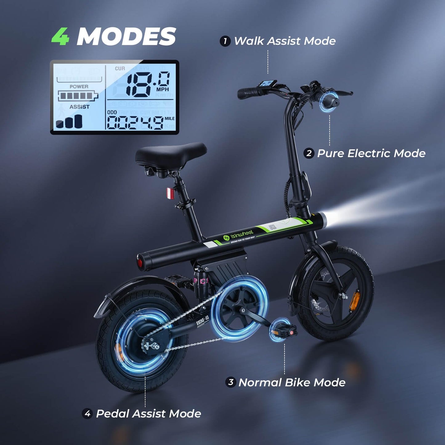 isinwheel U1 Electric Bike for Adult 750W Peak Motor, 20 mph Folding Ebike, 14" Adults Electric Bicycles with Smart Uphill, 280.8Wh Battery, 25 Miles PAS Range, Mini E Bikes for Adults and Teens