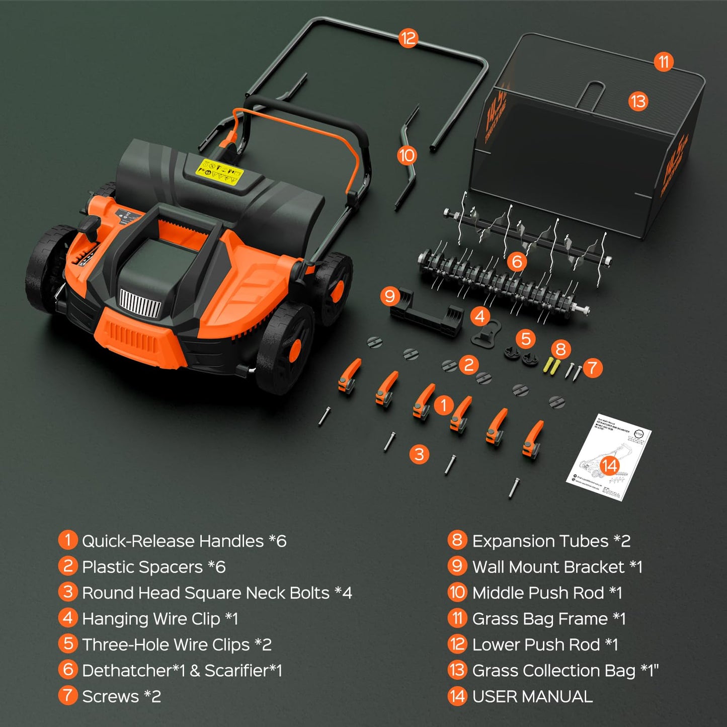 TIECTOWN 16-Inch 15.5 Amp 2-in-1 Electric Dethatcher and Scarifier with 14.5-Gallon Removable Thatch Collection Bag, Lawn Dethatcher with 5-Position Adjustment, Quick-Fold, Keeps Lawn Healthy - Orange