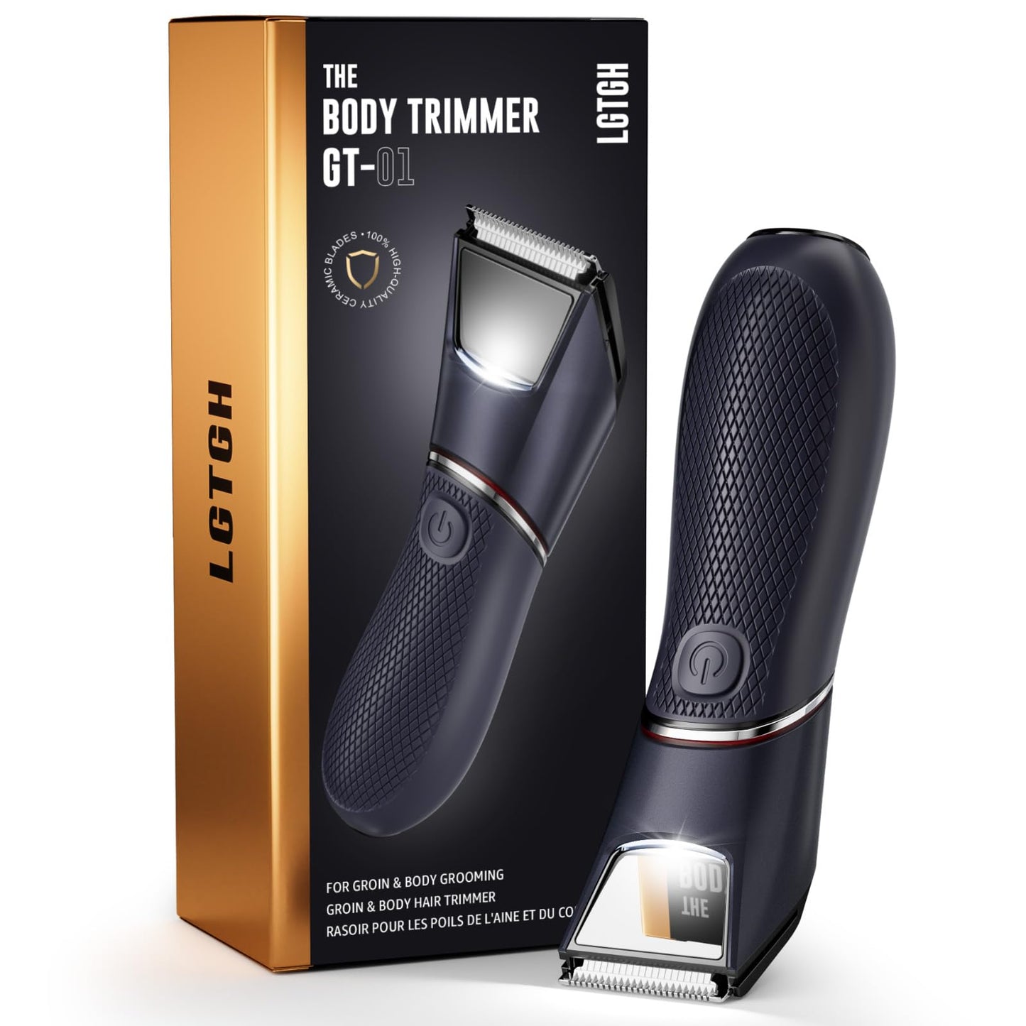 LGTGH Body Hair Trimmer for Men: Pubic Hair Trimmer with Mirror & LED Light - Electric Ball Shavers with Ceramic Blades & Travel Lock - Body Groomer IPX7 Waterproof Wet/Dry Use for Groin/Legs/Chest