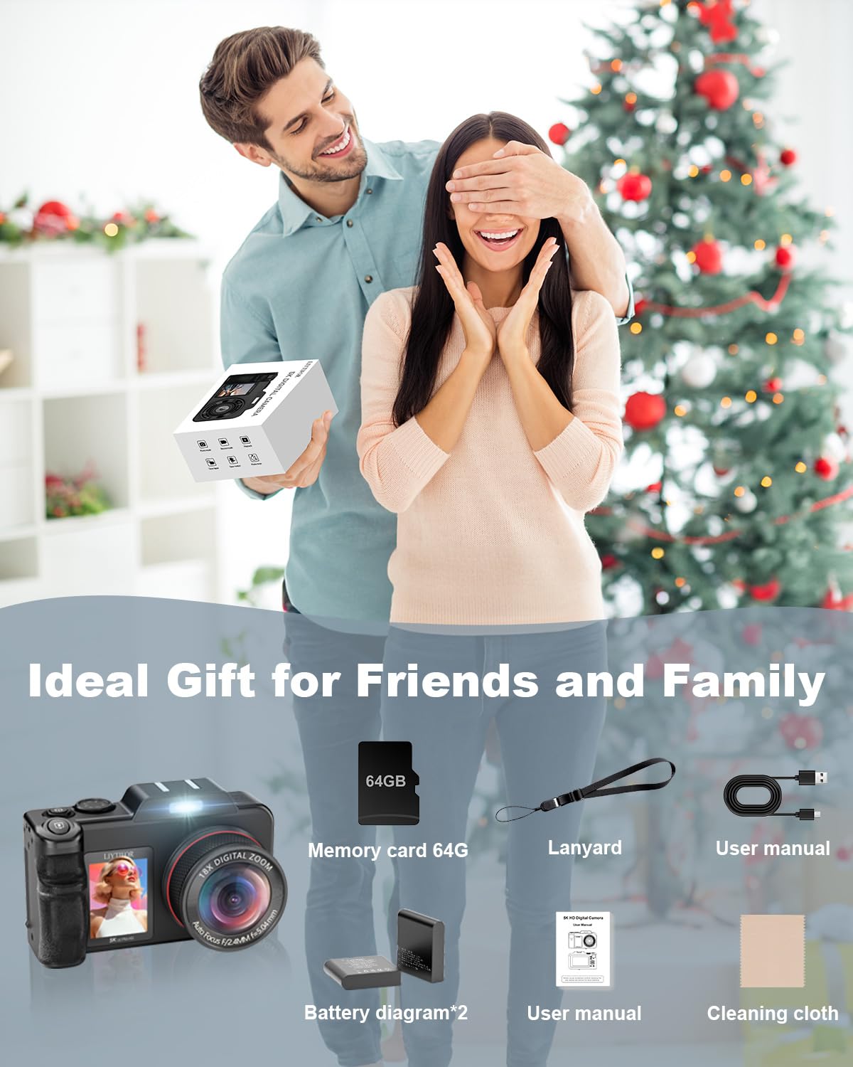 5K Digital Camera for Photography, 80MP 3.5"+2" Dual Screen for Self-Framing 18X Zoom Autofocus Vlogging Camera for YouTube/Content Creators/Travel, Includes 64GB Card + 2 Batteries & Flash, LIYTIFOR