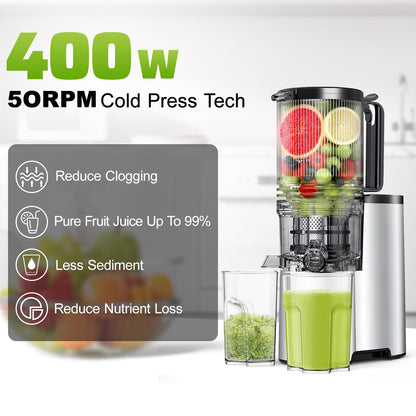 Cold Press Juicer, 5.8" Wide Feed Chute Juice Extractor Machine with 400W, High Juice Yield, Slow Masticating Juicer for Whole Vegetables & Fruits, Premium Silver