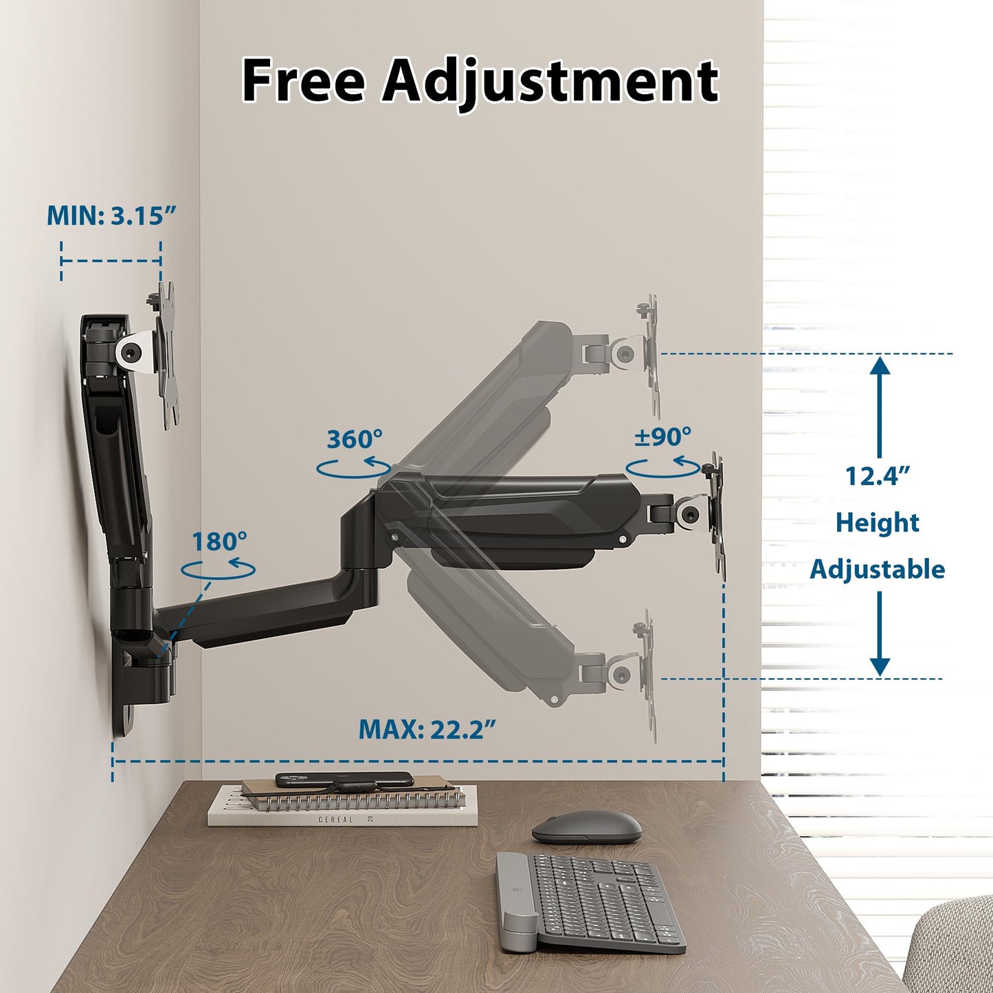 BONTEC Dual Monitor Wall Mount for 13-32 Inch Screens, Height Adjustable Gas Spring Arm with Tilt, Swivel & Rotate, Hold Up to 19.8 lbs, Fully Adjustable, Office & Home Use, VESA 75x75/100x100