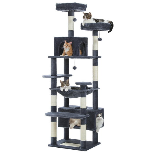 PAWZ Road Large Cat Tree, 72 Inches Cat Tower for Large Cats, Cat Condo with Sisal-Covered Scratching Posts and Pads, 2 Padded Perch, Dual Condo and Basket for Indoor Cats-Dark Gray