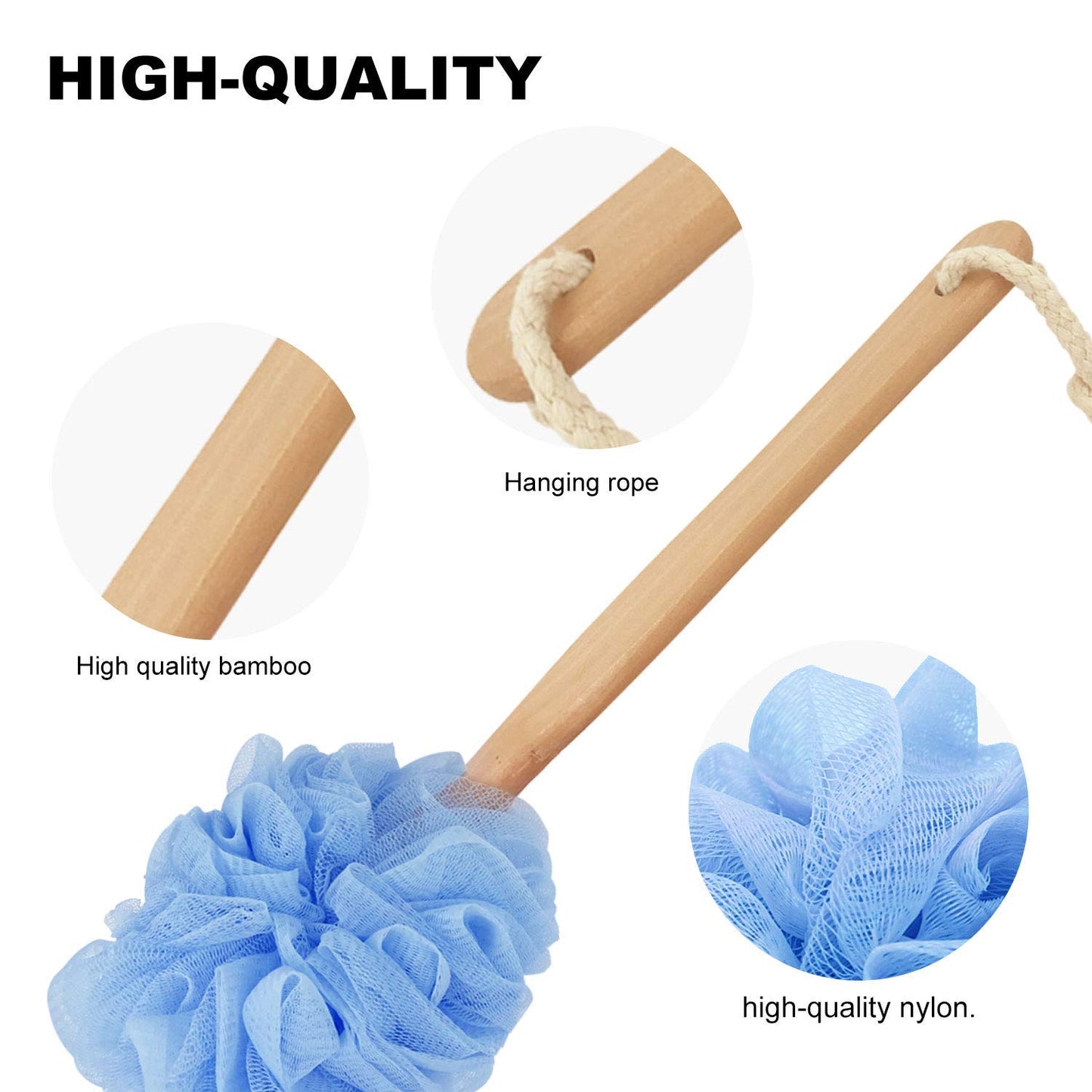 RASDDER Back Scrubber for Shower & Body, Long Handle Bath Brush with Loofah Sponge, Exfoliating Shower Brush for Men and Women