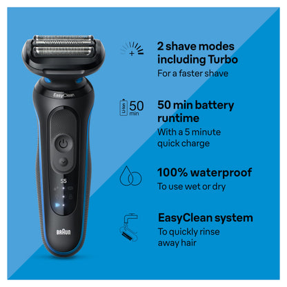 Braun Electric Shaver for Men, Series 5 5150cs, Wet & Dry Razor, Turbo Shaving Mode, Foil Shaver, with Beard Trimmer, Body Groomer and Charging Stand, Blue, Holiday Gifts for Men