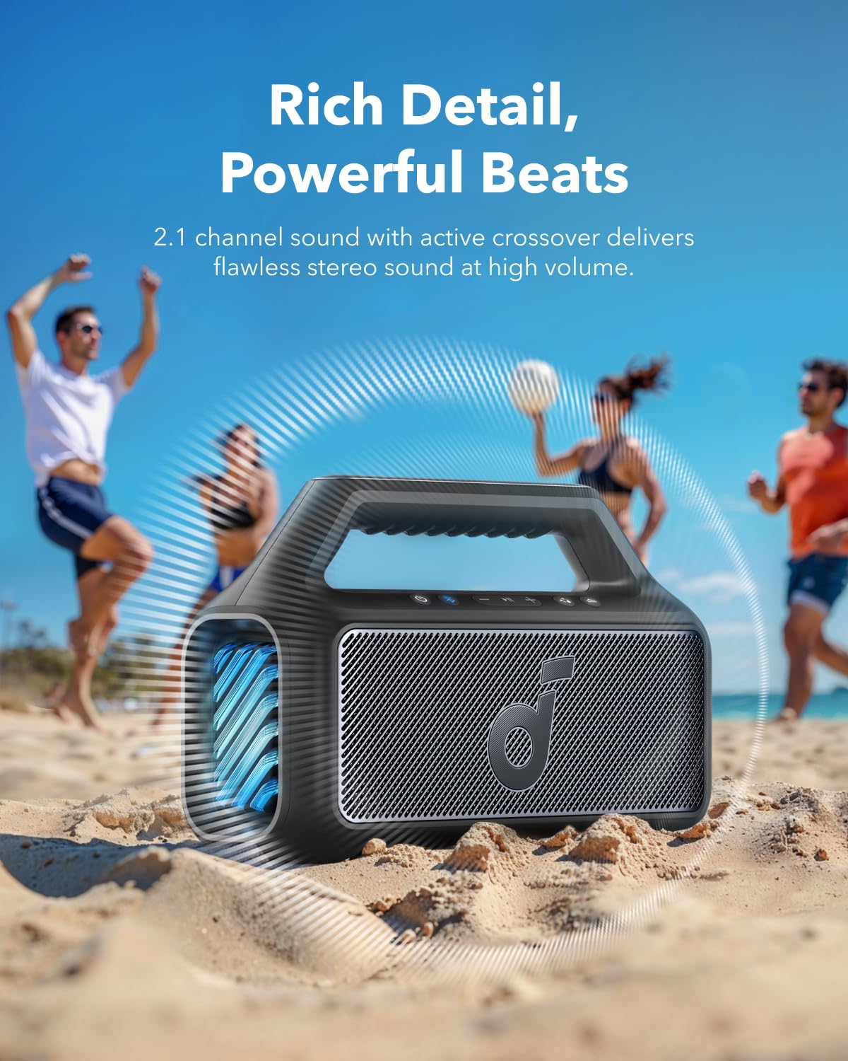 Soundcore Boom 2 Outdoor Speaker, 80W, Subwoofer, BassUp 2.0, 24H Playtime, IPX7 Waterproof, Floatable, RGB Lights, USB-C, Custom EQ, Bluetooth 5.3, Portable for Outdoors, Camping, Beach