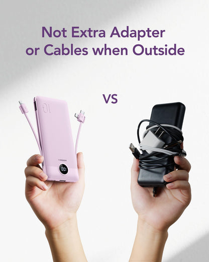 VEGER Portable Charger with Built-in AC Plug and Cables, All in One 10000mAh Ultra Slim Power Bank Travel Essentials, 15W Fast Charging Battery Pack Compatible with iPhone, Samsung, Android (Purple)