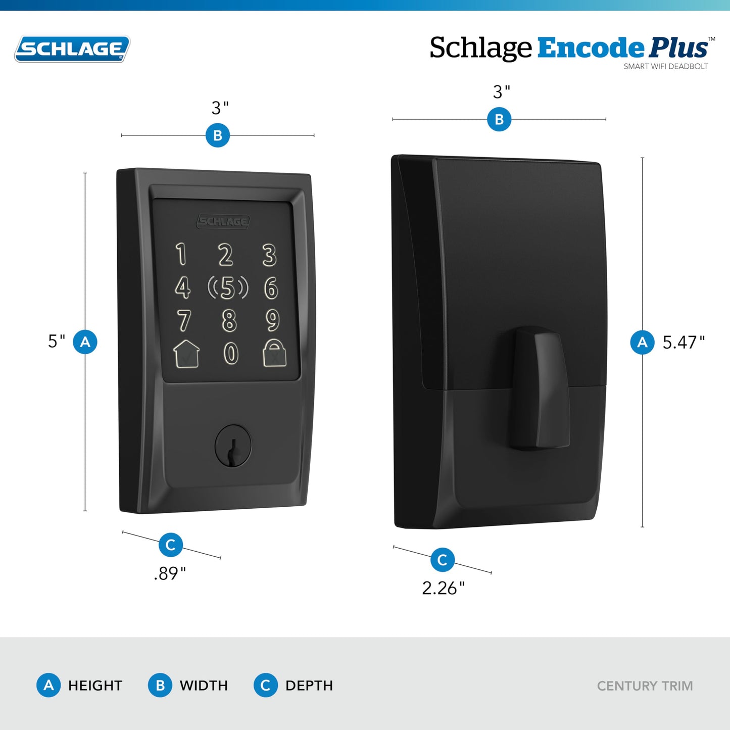 Schlage BE499WB CEN 622 Encode Plus WiFi Deadbolt Smart Lock, Keyless Entry Touchscreen Door Lock with Century Trim, Matte Black