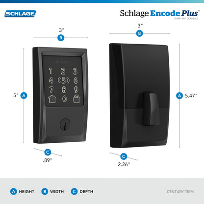 Schlage BE499WB CEN 622 Encode Plus WiFi Deadbolt Smart Lock, Keyless Entry Touchscreen Door Lock with Century Trim, Matte Black