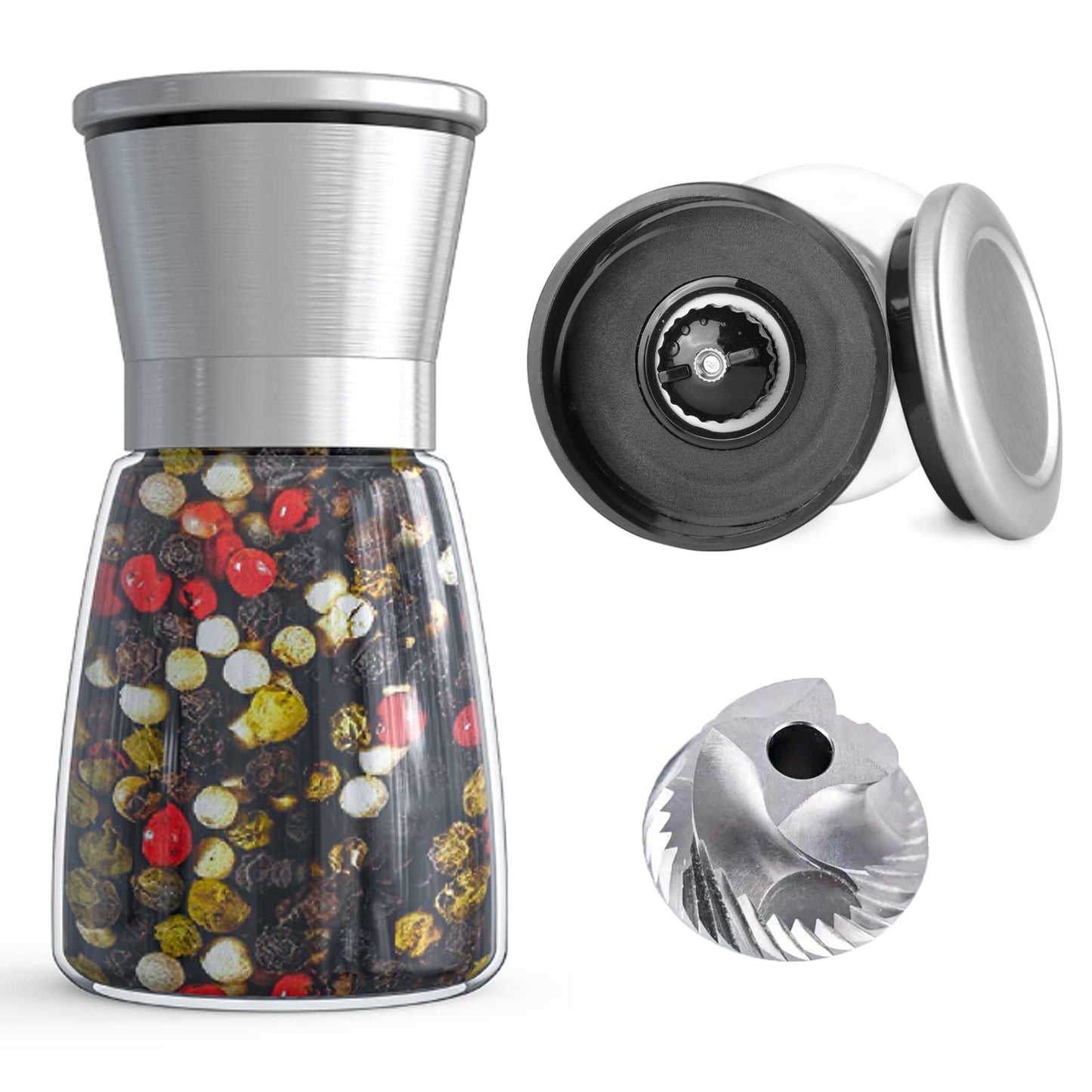 Ebaco Professional Pepper Grinder - with Germany Hardened Carbon Steel Mechanism Rotor, Refillable Pepper Mill 6OZ Glass Adjust Coarseness (1PCS-Sliver-304）