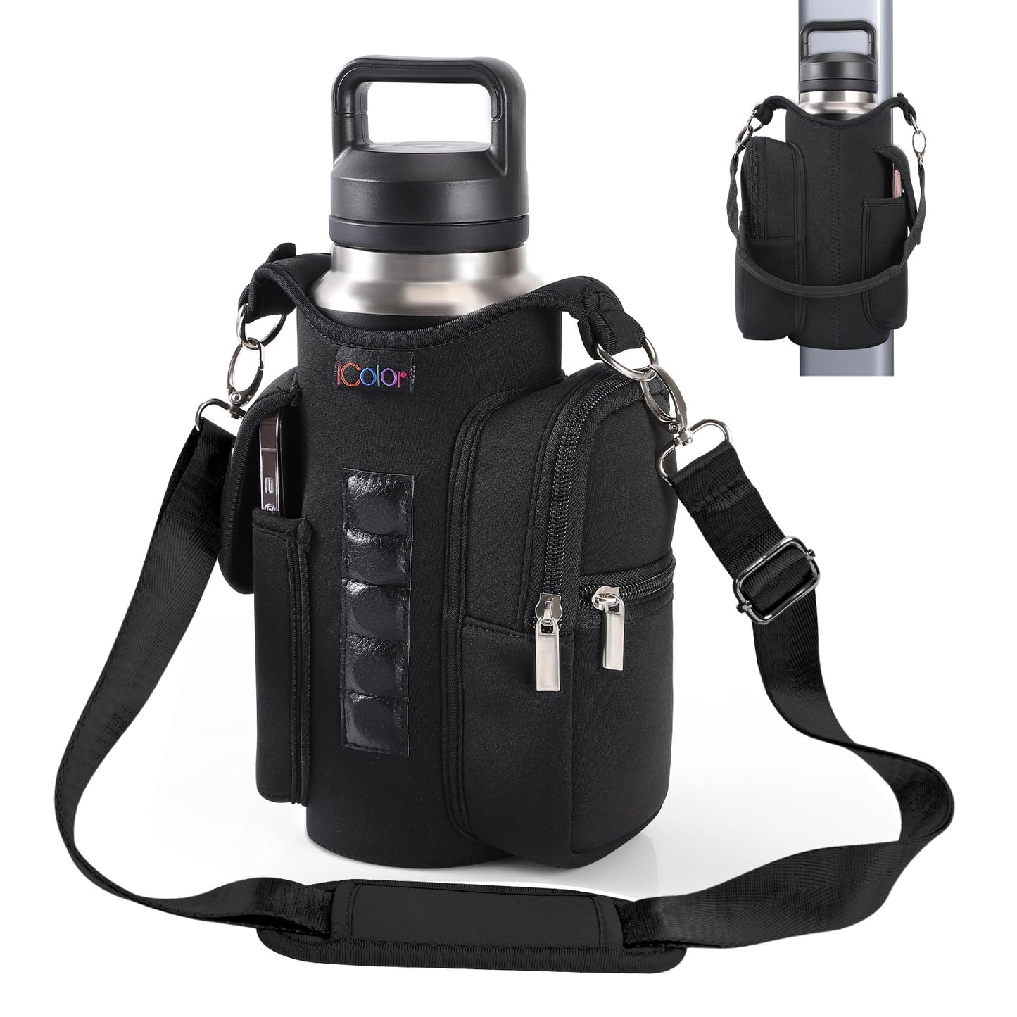 icolor Magnetic Gym Bag Water Bottle Carrier Holder with Phone Pockets & Shoulder Strap,5 Built-in Magnets Gym Bottle Pouch Sleeve,Magnetic Bag Gym Accessories Organizer for Men Women(PureBlack)