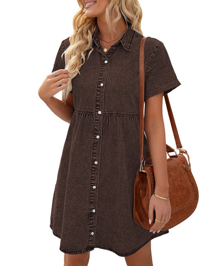 LookbookStore Women's Short Sleeve Button Down Flowy Tiered Babydoll Denim Dress Cocoa Brown Size M Size 8 10