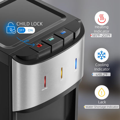 Manastin Bottom Loading Water Cooler Dispenser for 3-5 Gallon Bottles, 3 Temperature - Hot, Cold & Room Water with Child Lock, Ideal Design for Home & Office, Mirror Silver