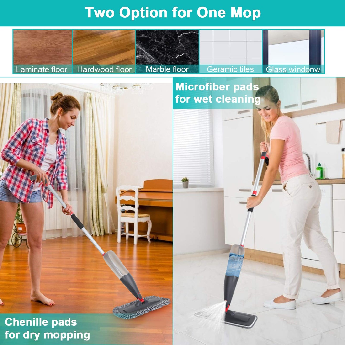 Spray Mop for Floor Cleaning with 3pcs Washable Pads - Wet Dry Microfiber Mop with 800 ml Refillable Bottle for Kitchen Wood Floor Hardwood Laminate Ceramic Tiles Floor Dust Cleaning