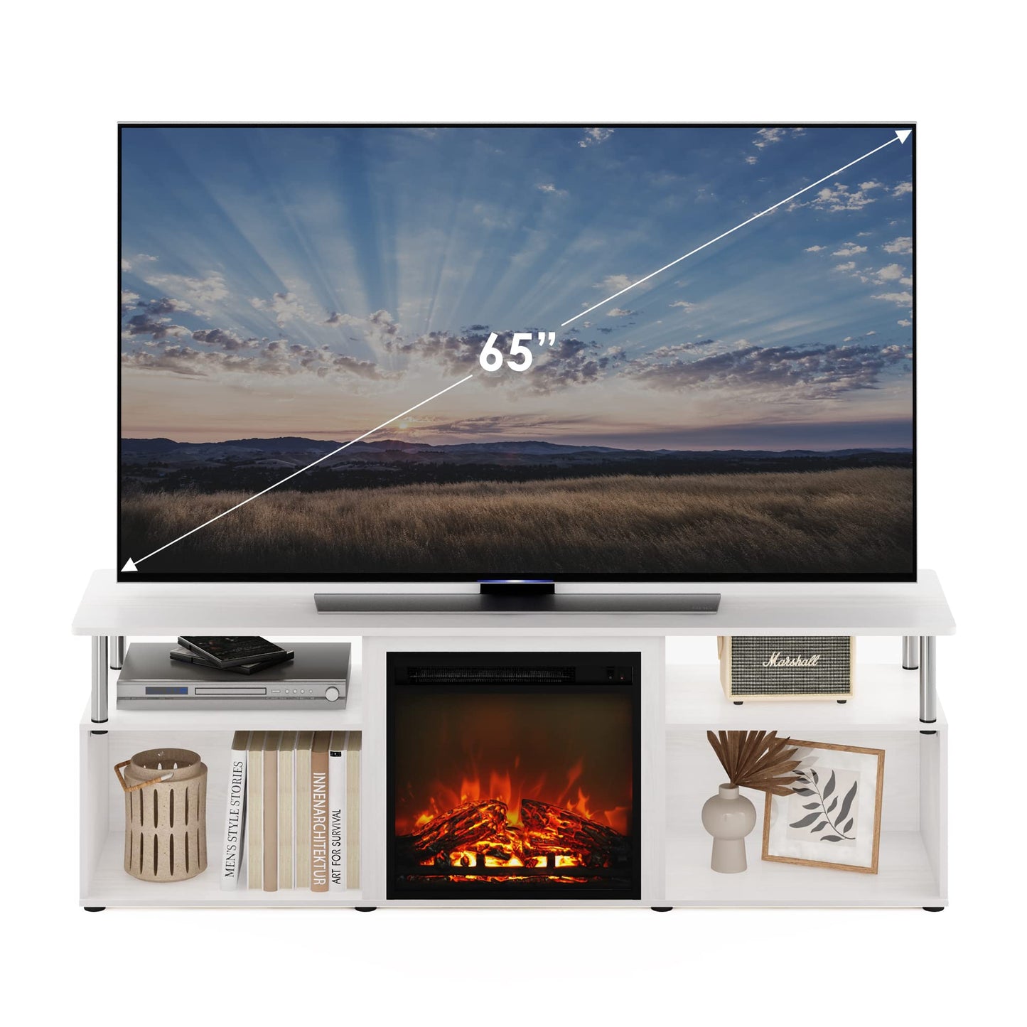 Furinno Jensen Open Storage Fireplace Entertainment Center for TV up to 70 Inch with Stainless Steel Tubes, White Oak/Chrome