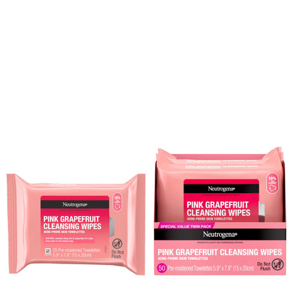 Neutrogena Makeup Remover Wipes, Facial Cleansing Wipes Suitable for Oily & Acne Prone Skin, Wipes Away Bacteria, Dirt & Oil, Scented Facial Wipes with Pink Grapefruit Extract, 50 Count