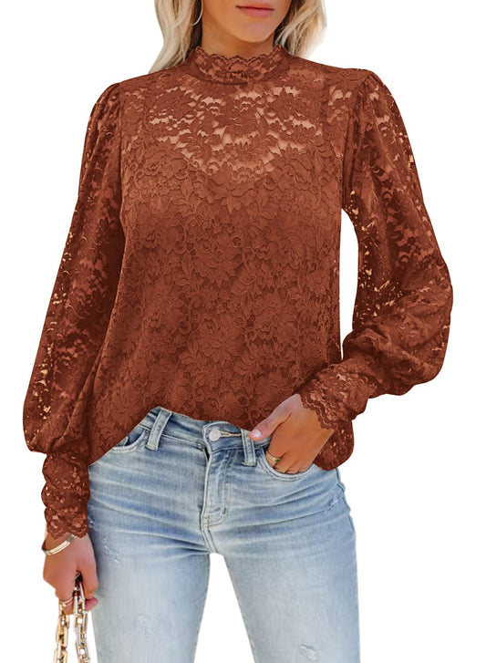DOROSE Womens Tops Dressy Casual Fall Lace Long Sleeve Blouses Shirts Coffee S