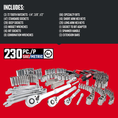 CRAFTSMAN Mechanics Tool Set, 230-Piece Hand Tool and Socket Set with 3-Drawer Tool Box (CMMT45305)