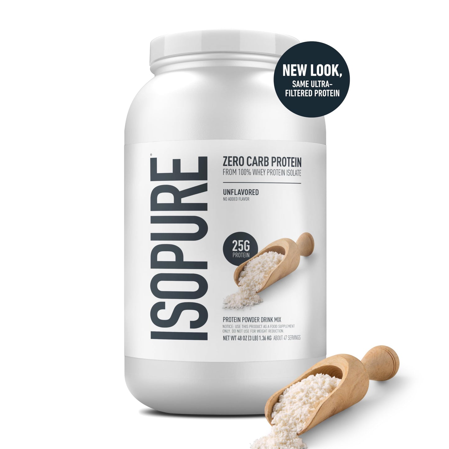 Isopure Zero Carb 100% Pure Whey Isolate Protein Powder, Lactose Free, Gluten Free, with Vitamins, Unflavored, 25g Protein Per Serving, 3 Lbs, 47 Servings (Packaging May Vary)