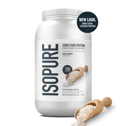 Isopure Zero Carb 100% Pure Whey Isolate Protein Powder, Lactose Free, Gluten Free, with Vitamins, Unflavored, 25g Protein Per Serving, 3 Lbs, 47 Servings (Packaging May Vary)