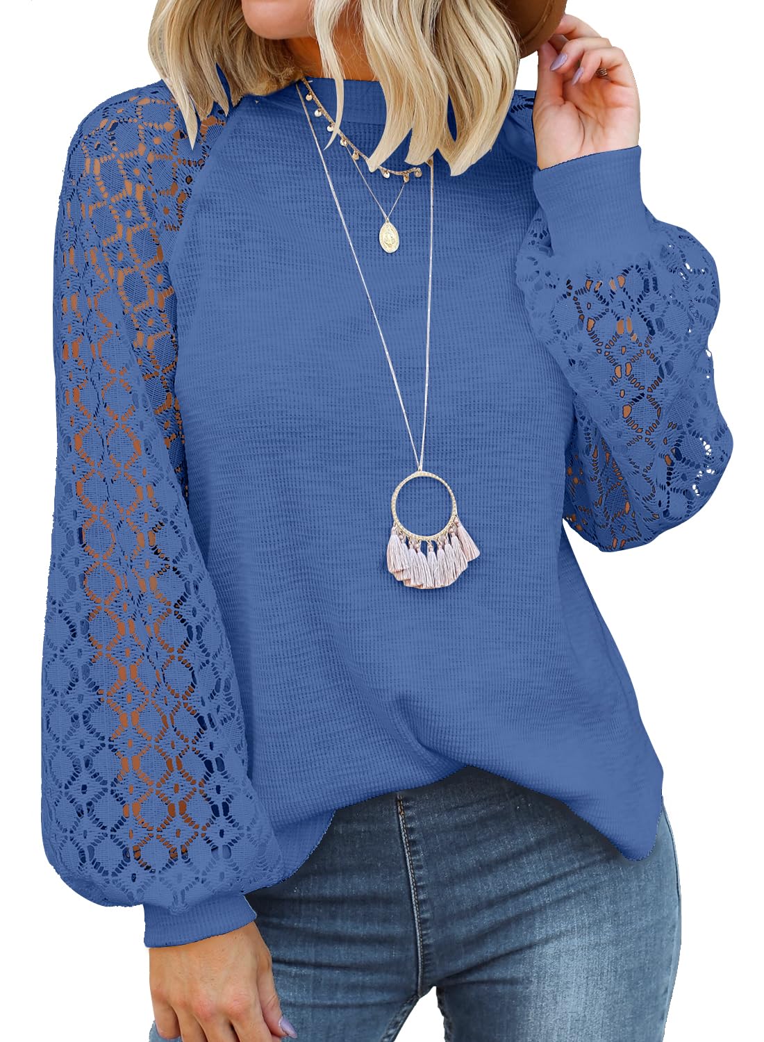 MIHOLL Women's Long Sleeve Tops Lace Casual Loose Blouses T Shirts (09 Blue, Small)